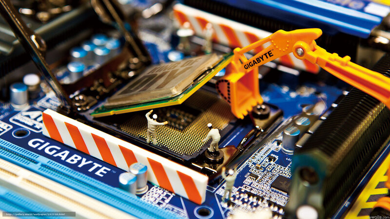 Miniature Workers on Motherboard — Blue, Dramatic