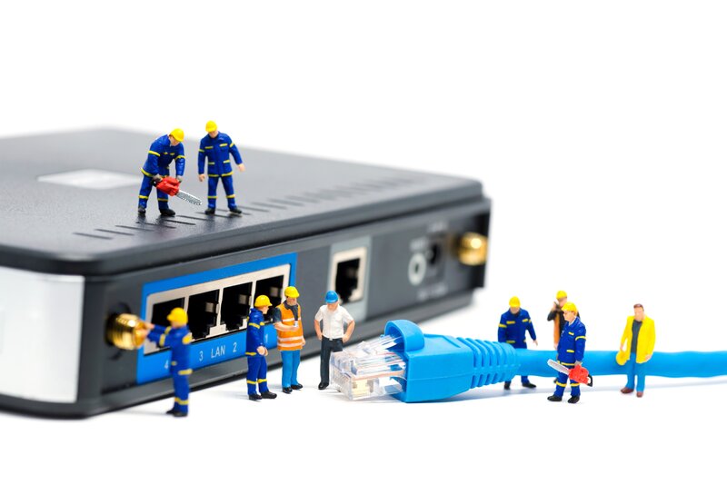 Miniature Workers on Router — Blue