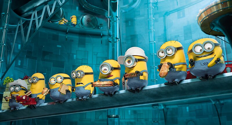 Minions on Conveyor Belt — Yellow, Playful, 3d Render, Sandwiches, Goggles, Overalls