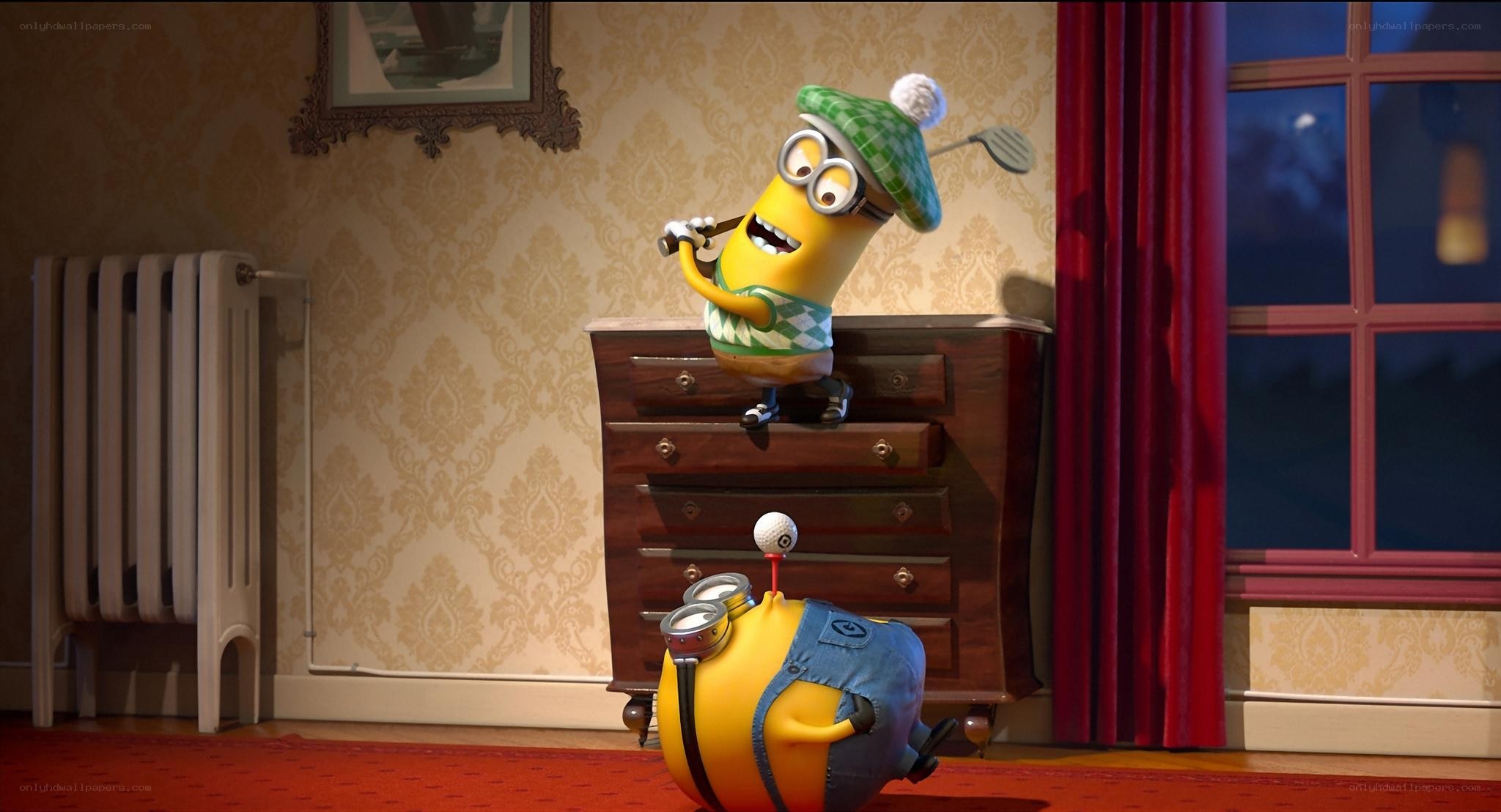 Minions playing golf indoors