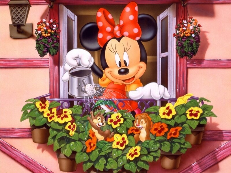 Minnie Mouse watering flowers