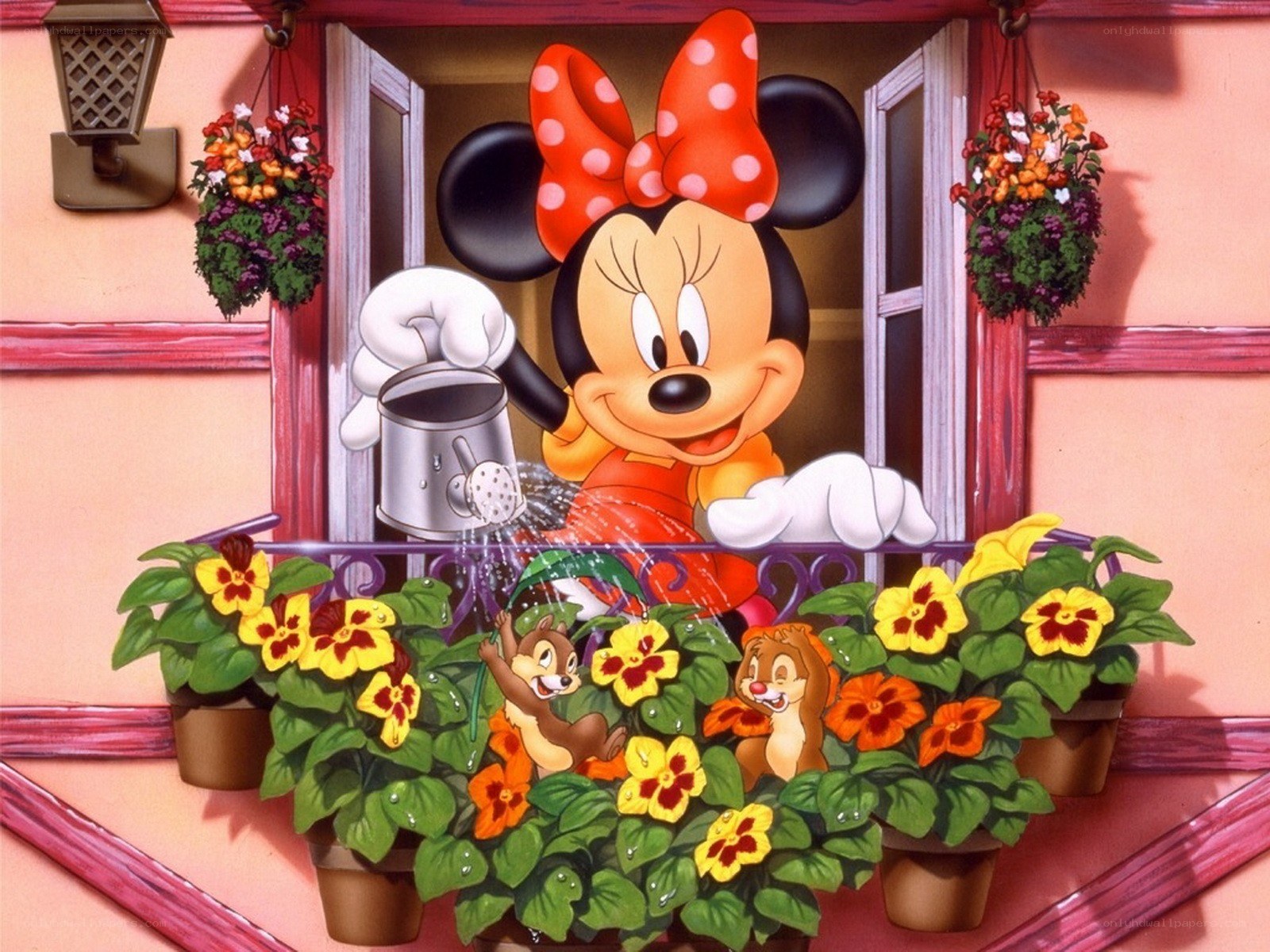 Minnie Mouse watering flowers