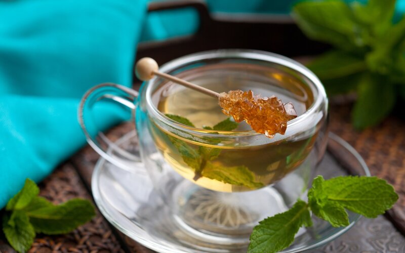 Mint Tea in Glass Cup — Green, Calm, Photograph, Mint Leaves