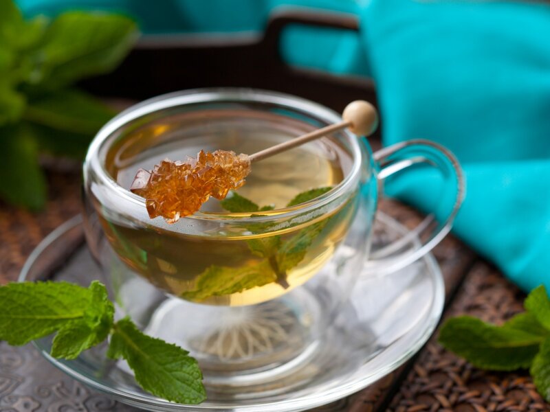 mint tea with sugar cube
