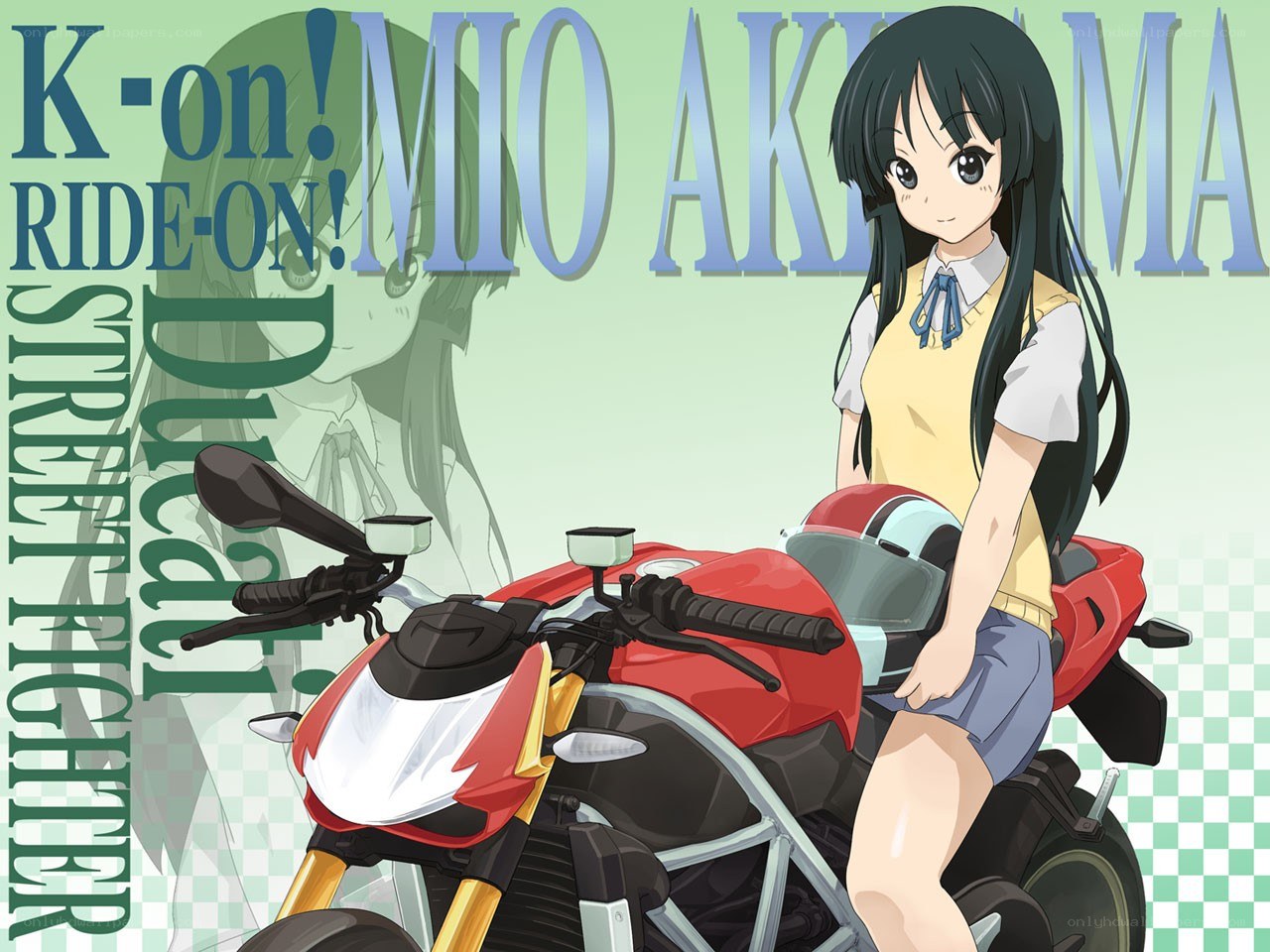 Mio Akimoto on a motorcycle