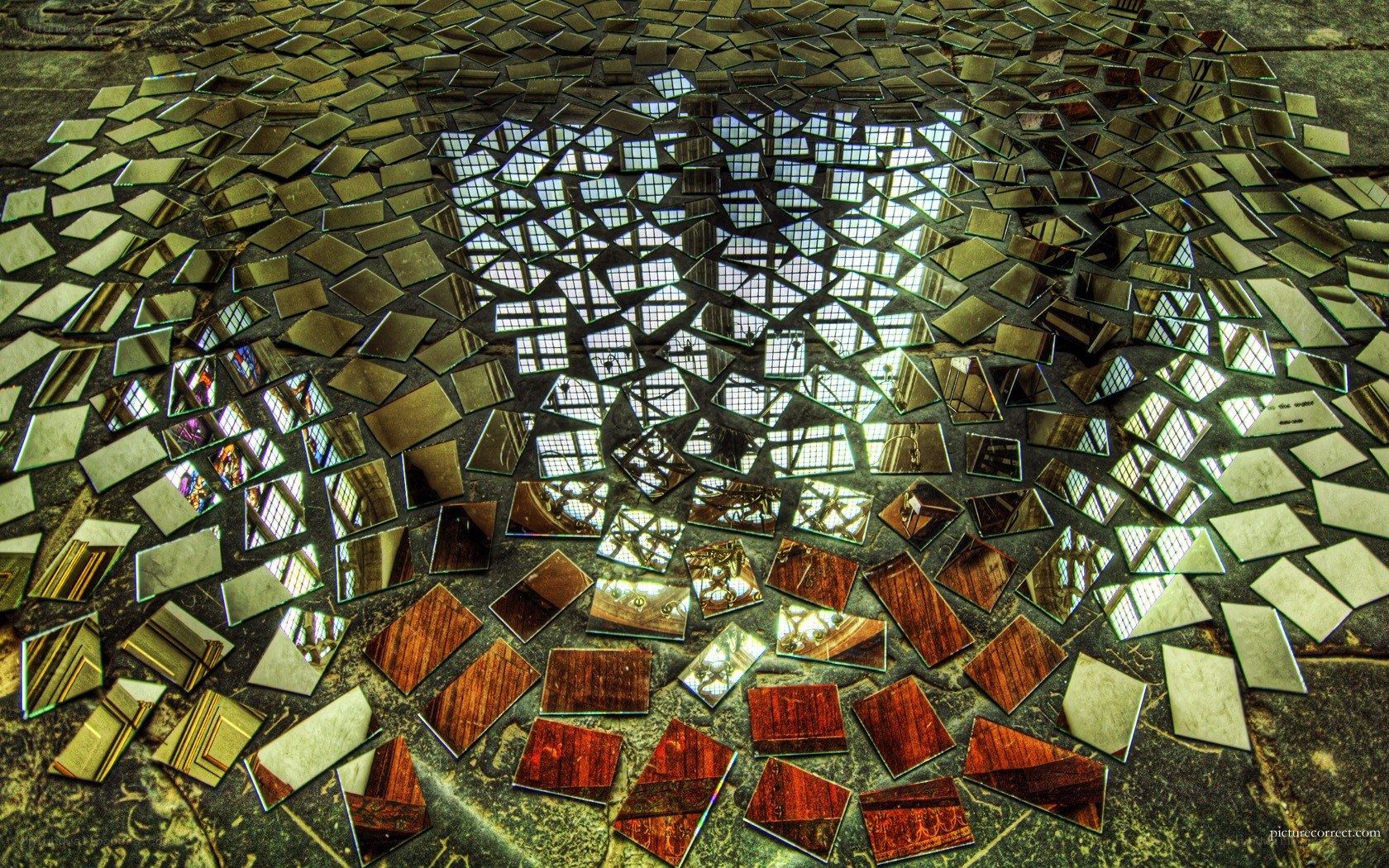 Mirror mosaic floor with light patterns