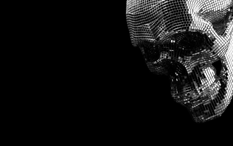 mirror-sphere skull sculpture