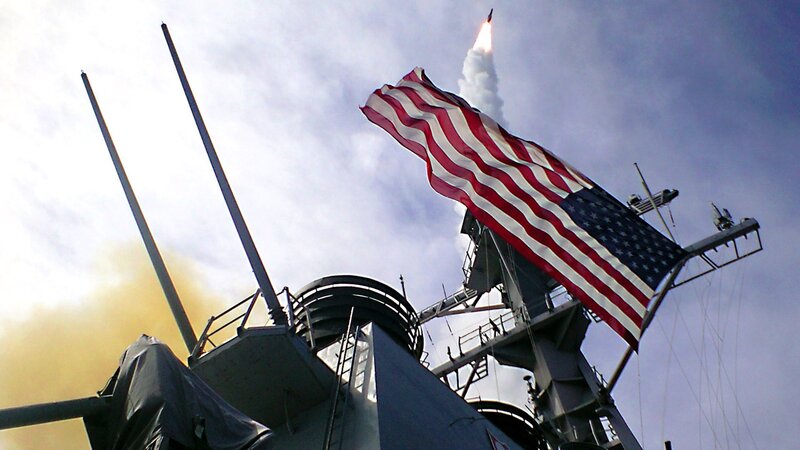 Missile Launch from Ship — Blue, Dramatic, Afternoon, Photograph, American Flag