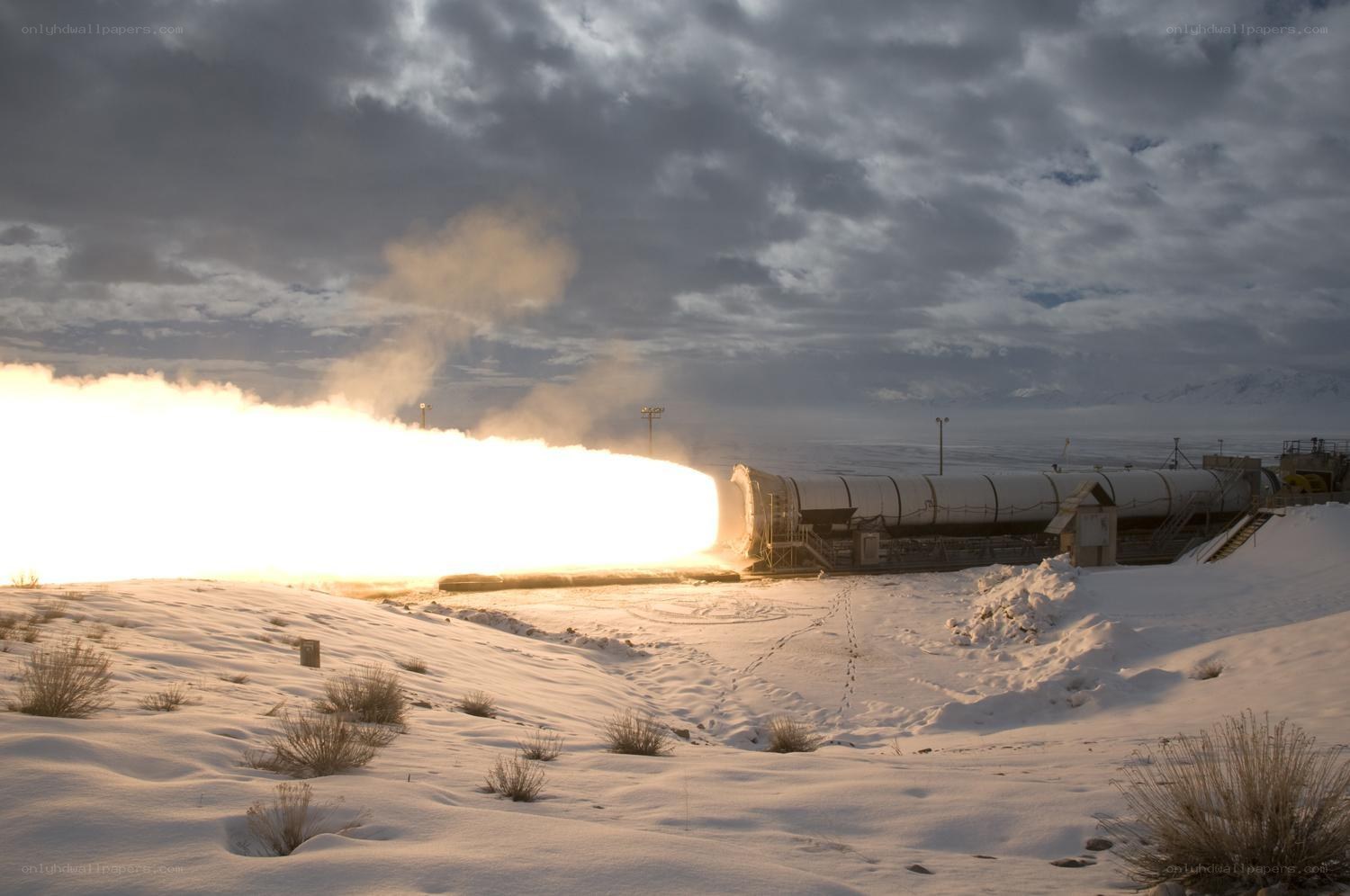 Missile launch in snowy landscape