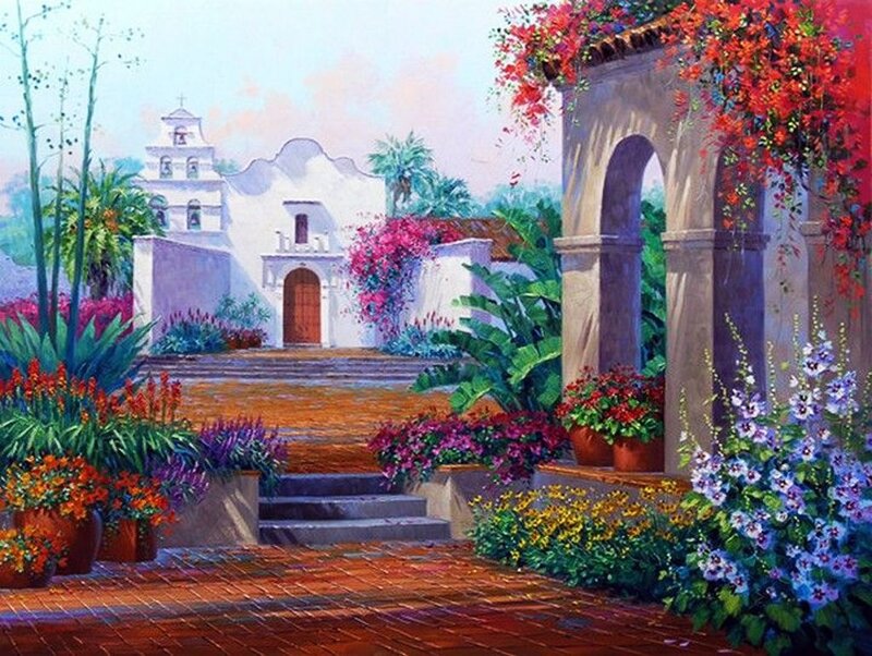 Mission Courtyard with Flowers