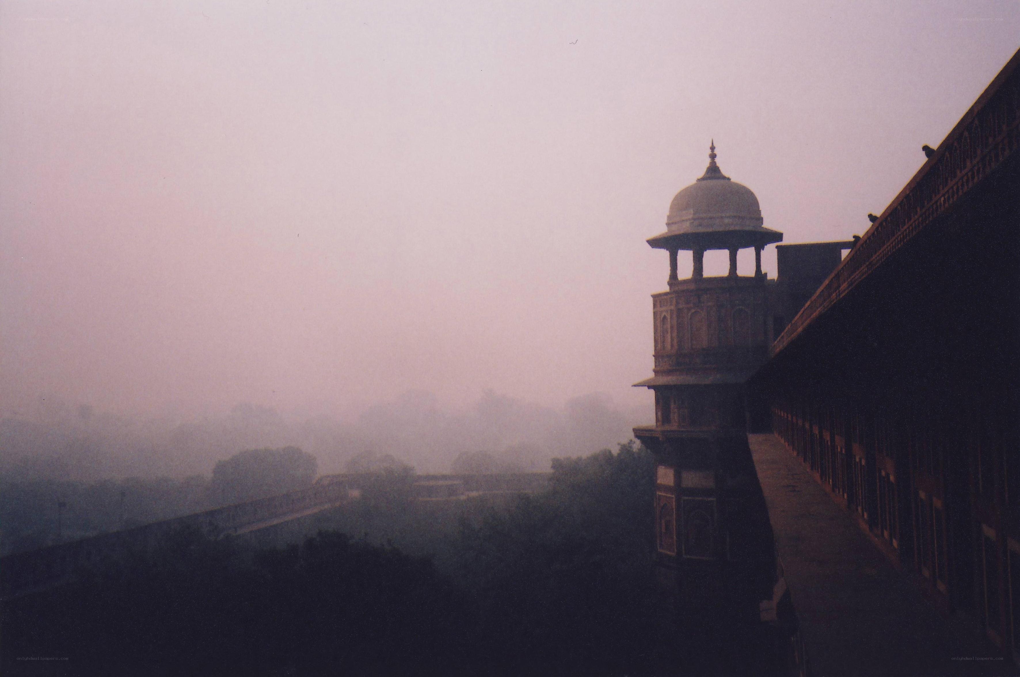 Mist over a historic tower