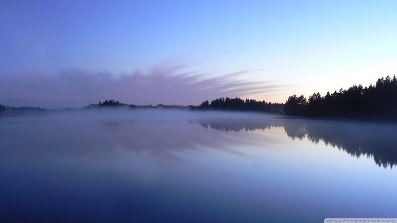 Mist over Lake at Dawn — Blue, Serene