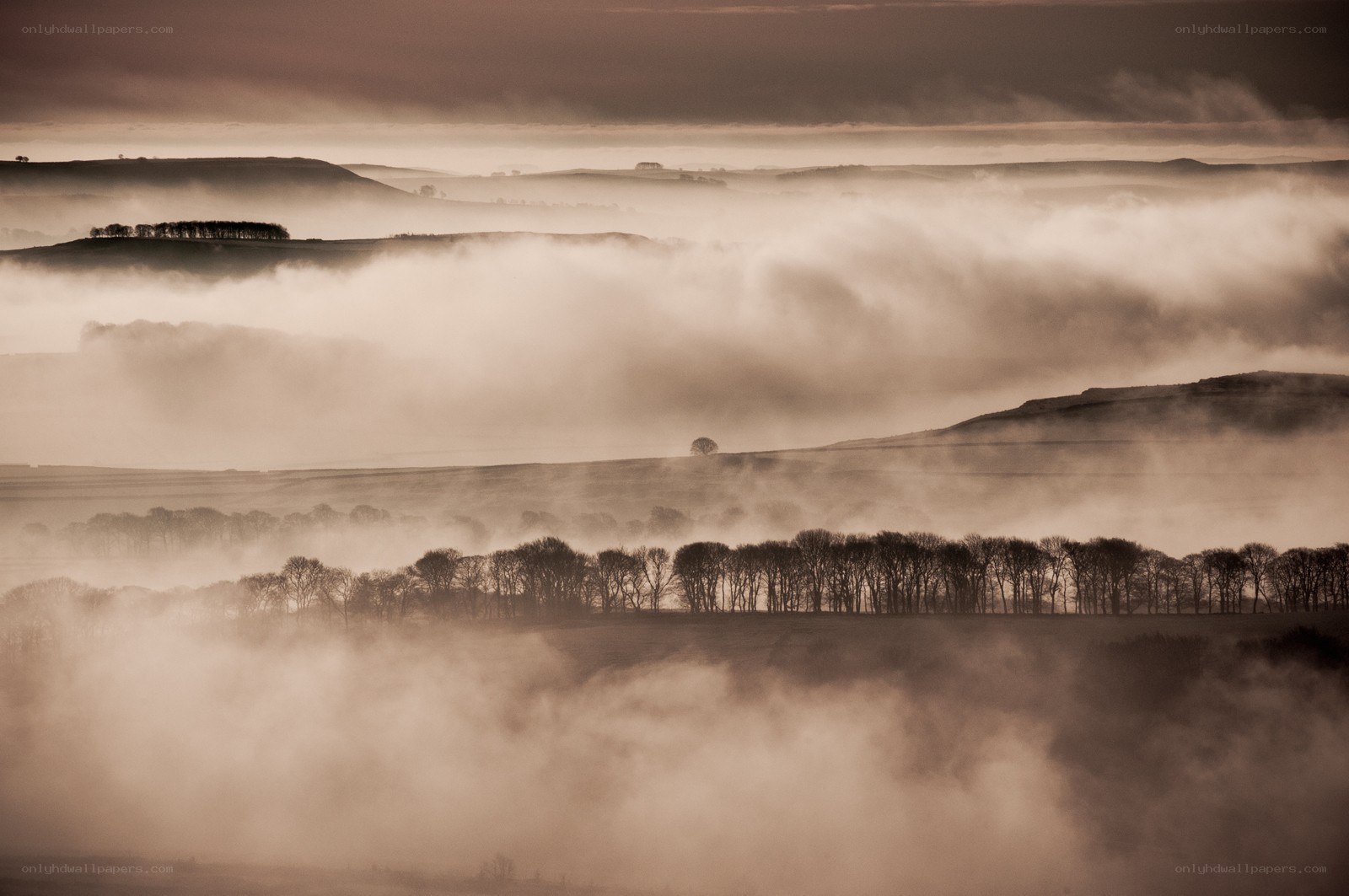 Mist over rolling hills