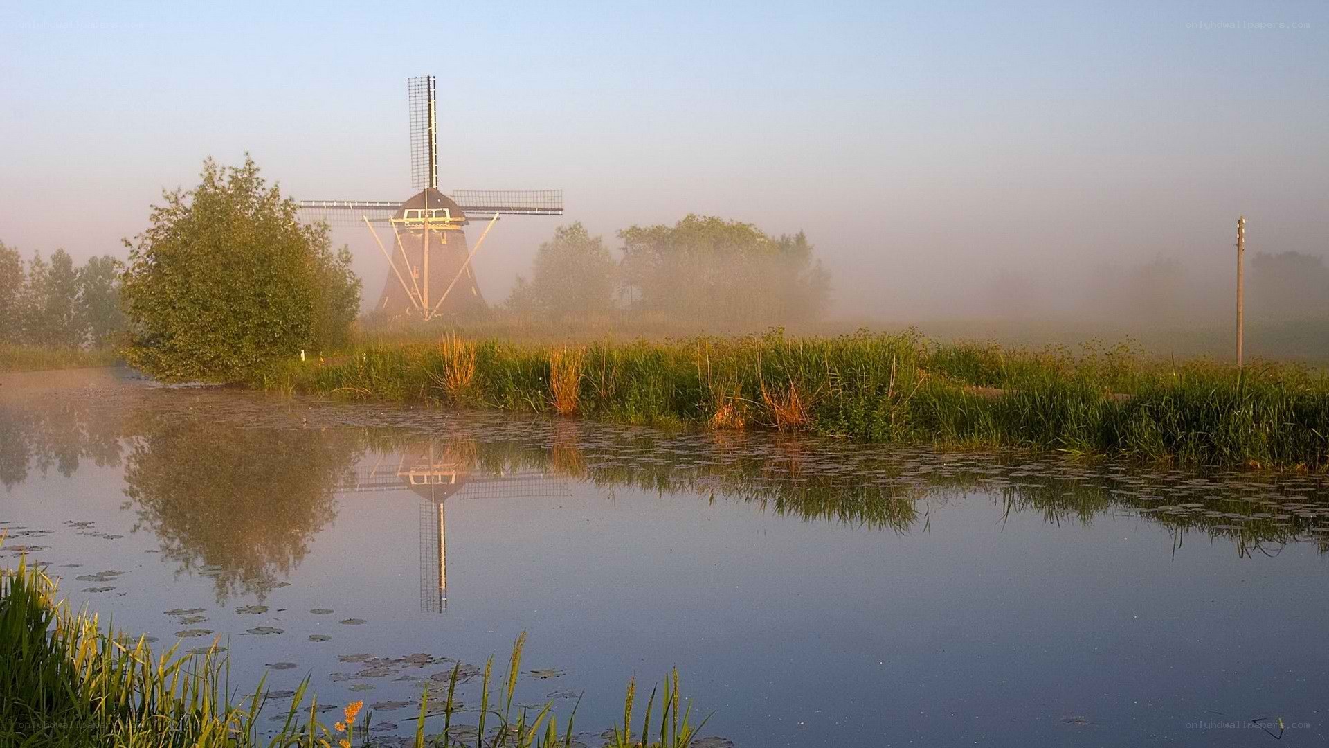 Mist over windmill at dawn
