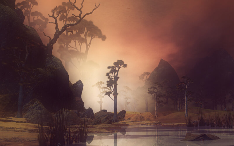 Misty alien landscape at dawn