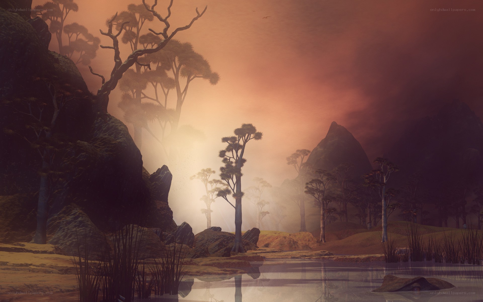Misty alien landscape at dawn