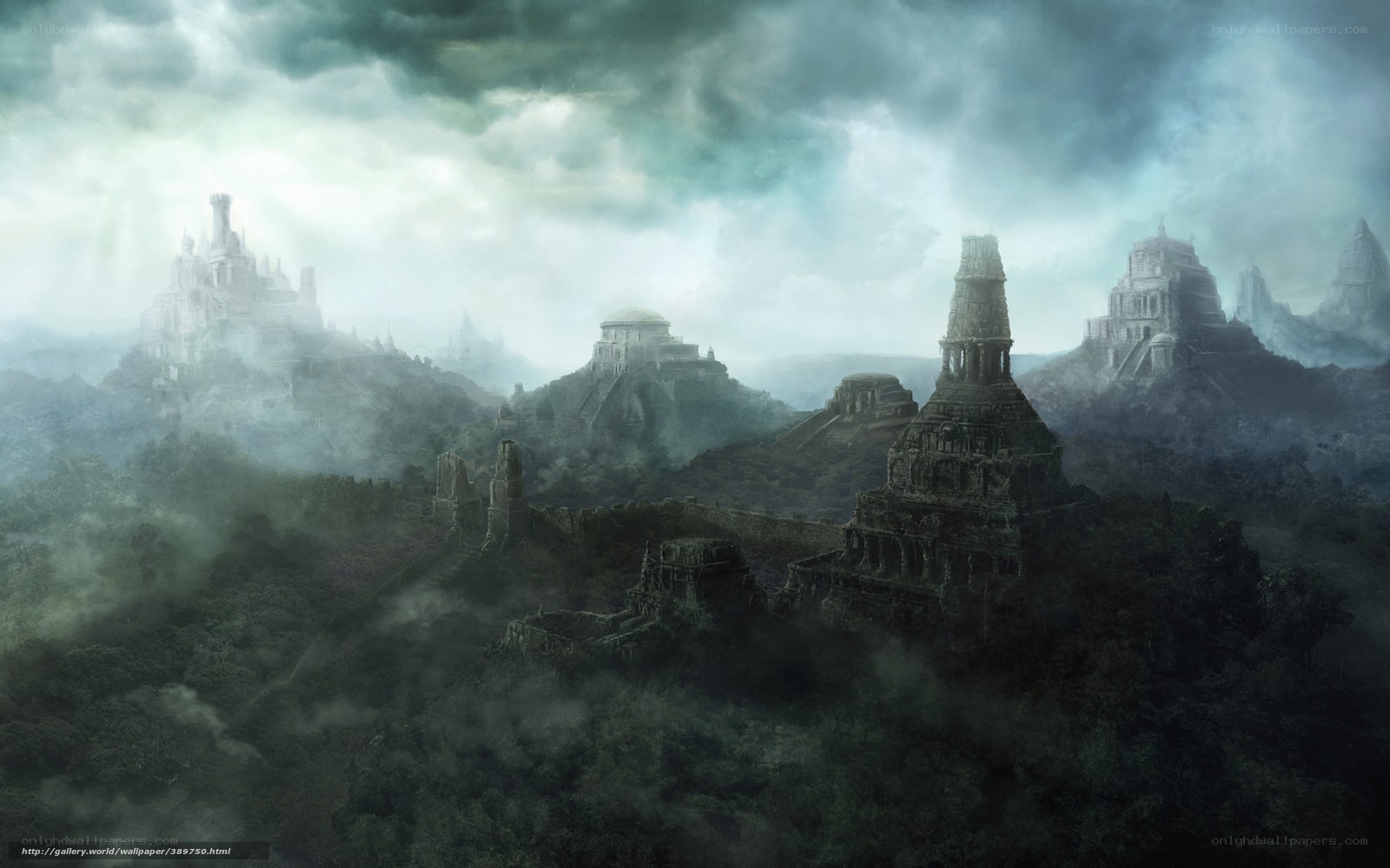 Misty ancient ruins landscape