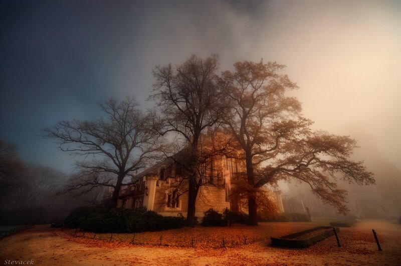 Misty Autumn Church Scene