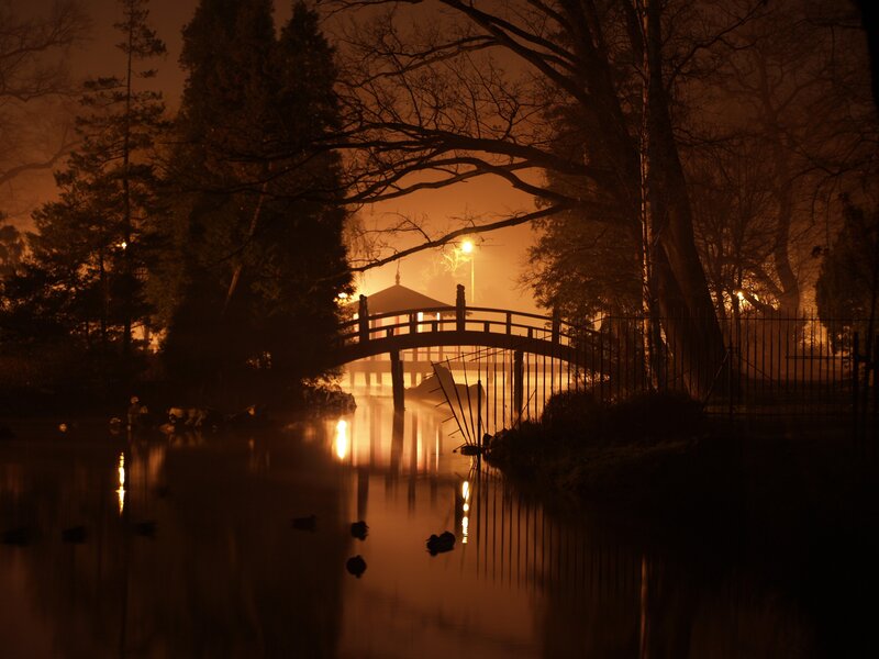 Misty bridge at night