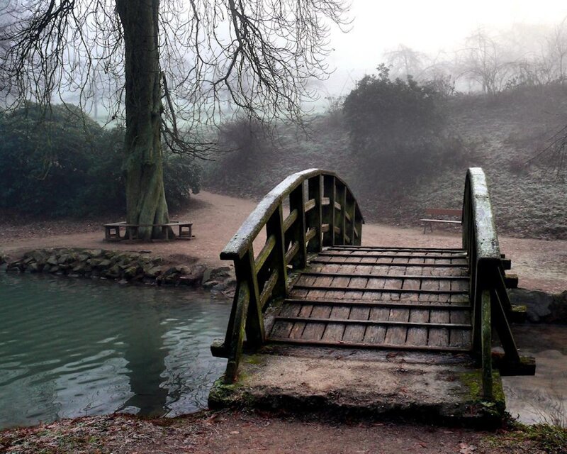 Misty bridge over a pond