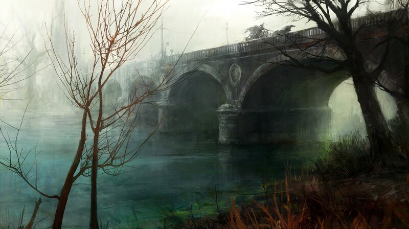 Misty bridge over river