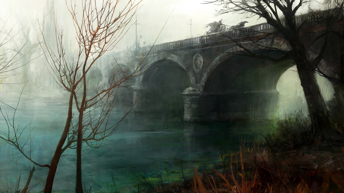 Misty bridge over river