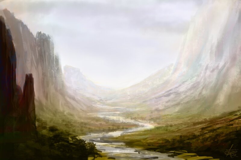 Misty canyon landscape