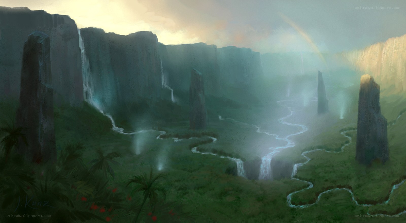 Misty canyon with river and waterfall
