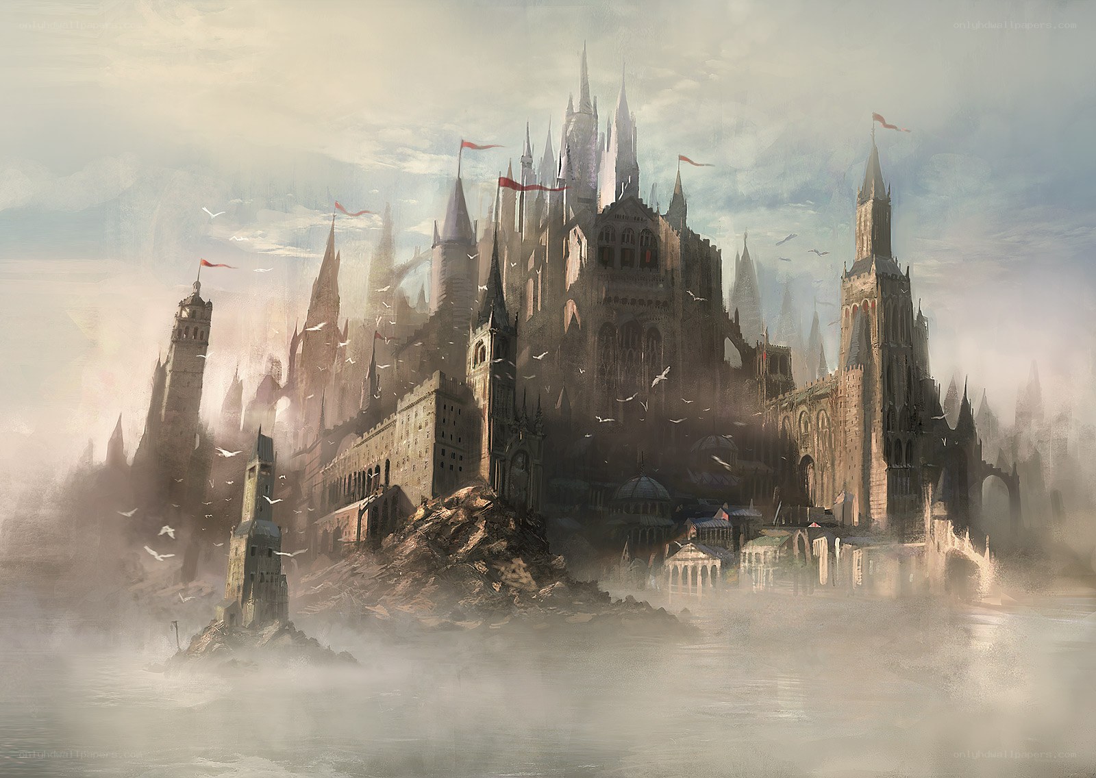 Misty castle on a cliff