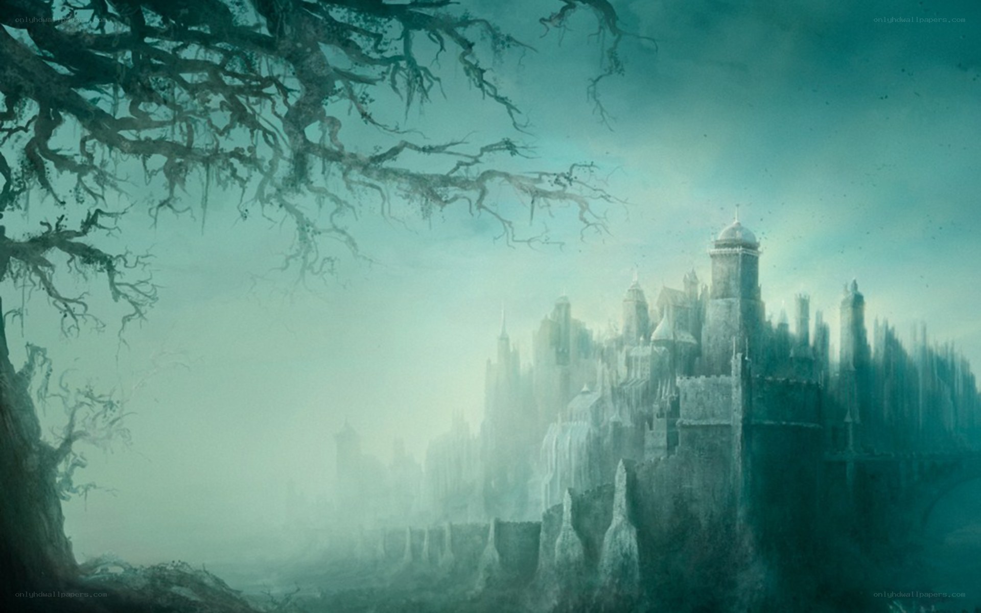 Misty castle on a cliff