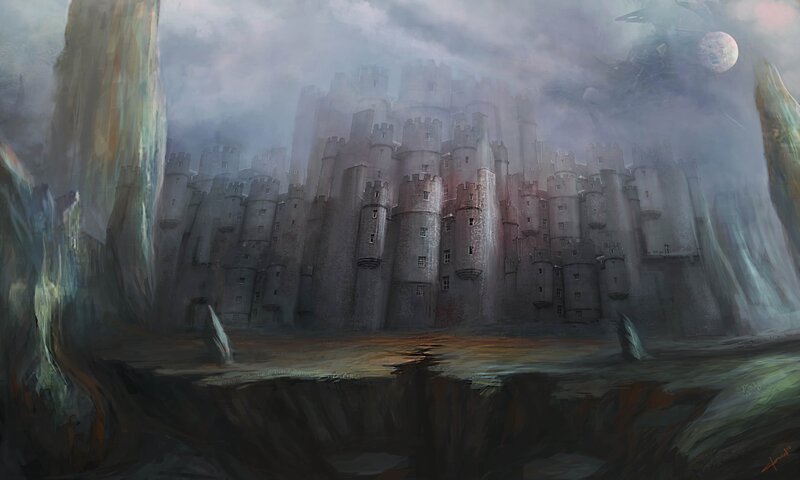 Misty castle on a cliff