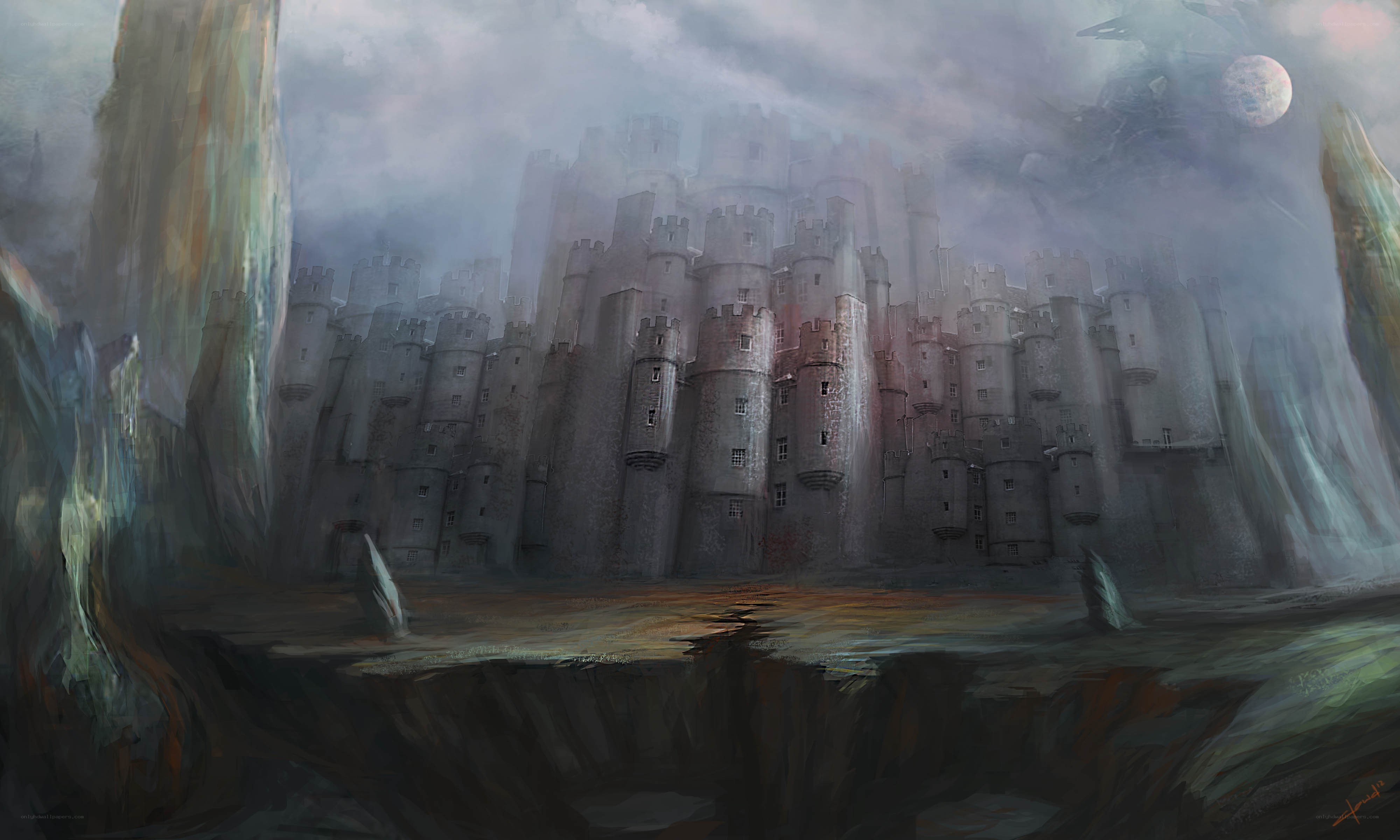 Misty castle on a cliff
