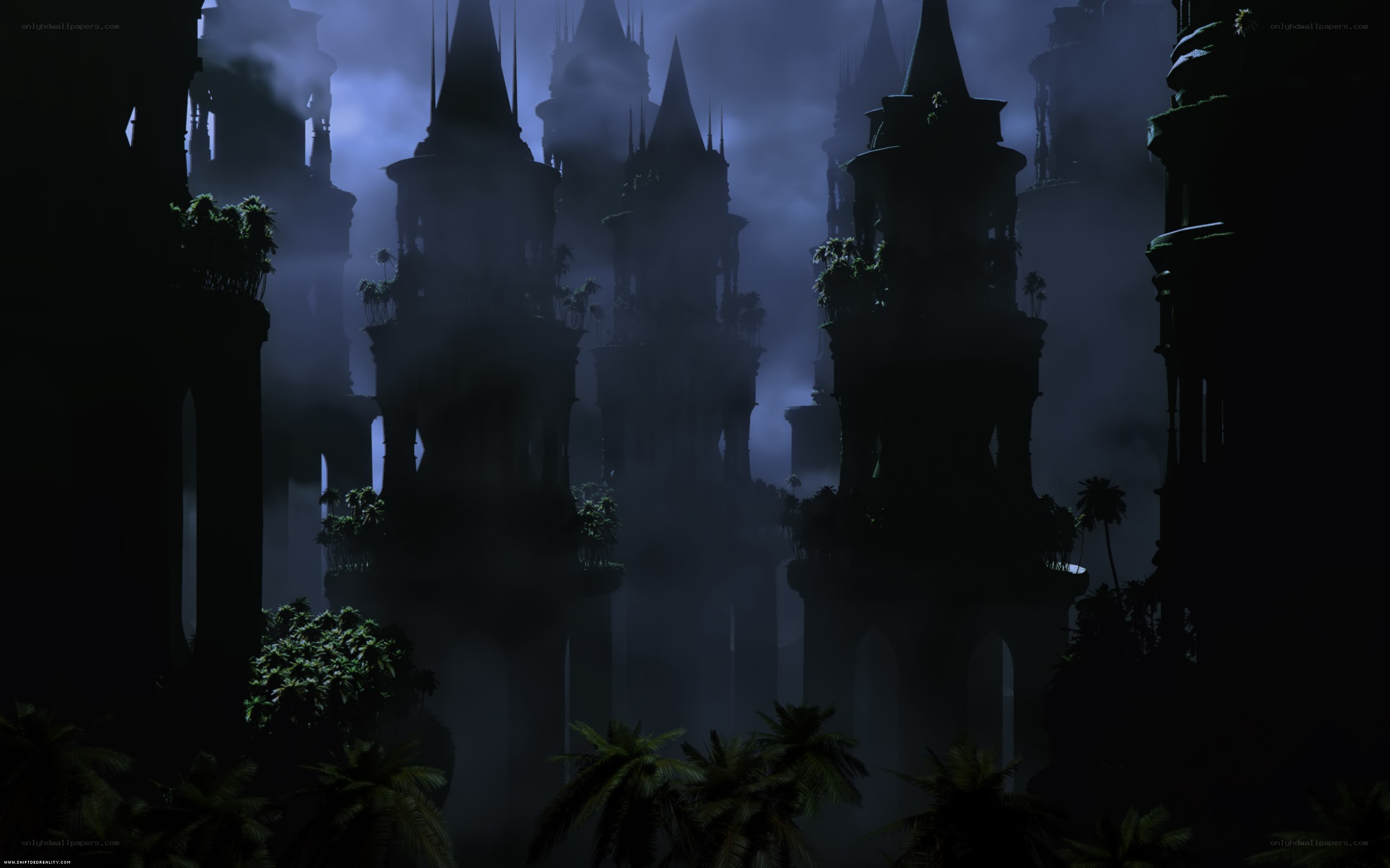 Misty castle ruins at night