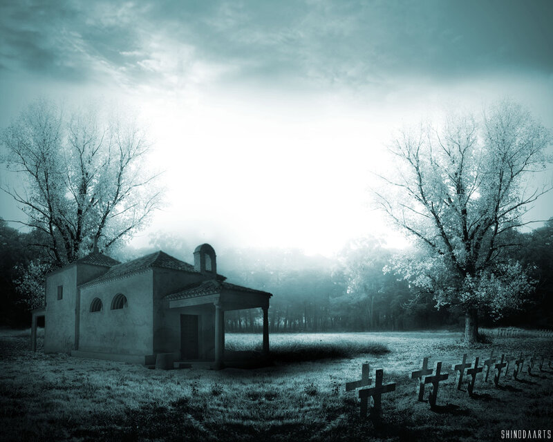Misty chapel in a cemetery