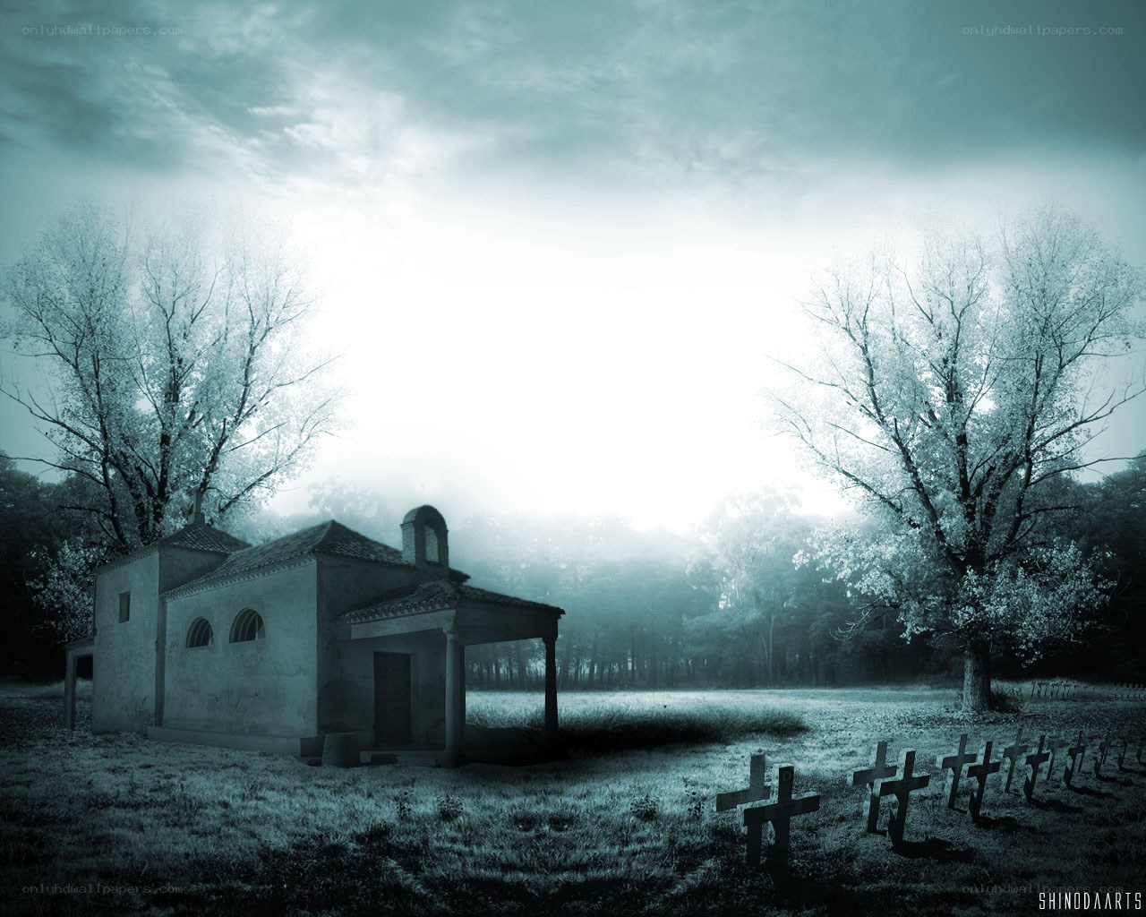 Misty chapel in a cemetery