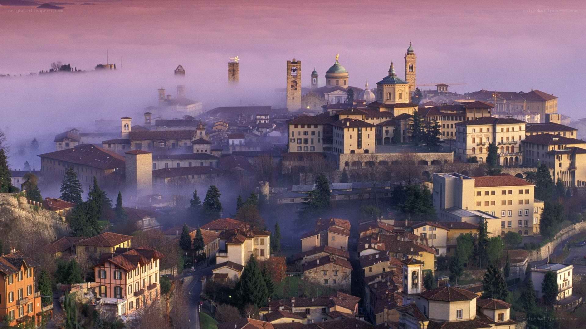 Misty city at dawn