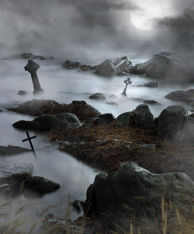 Misty coastal graveyard