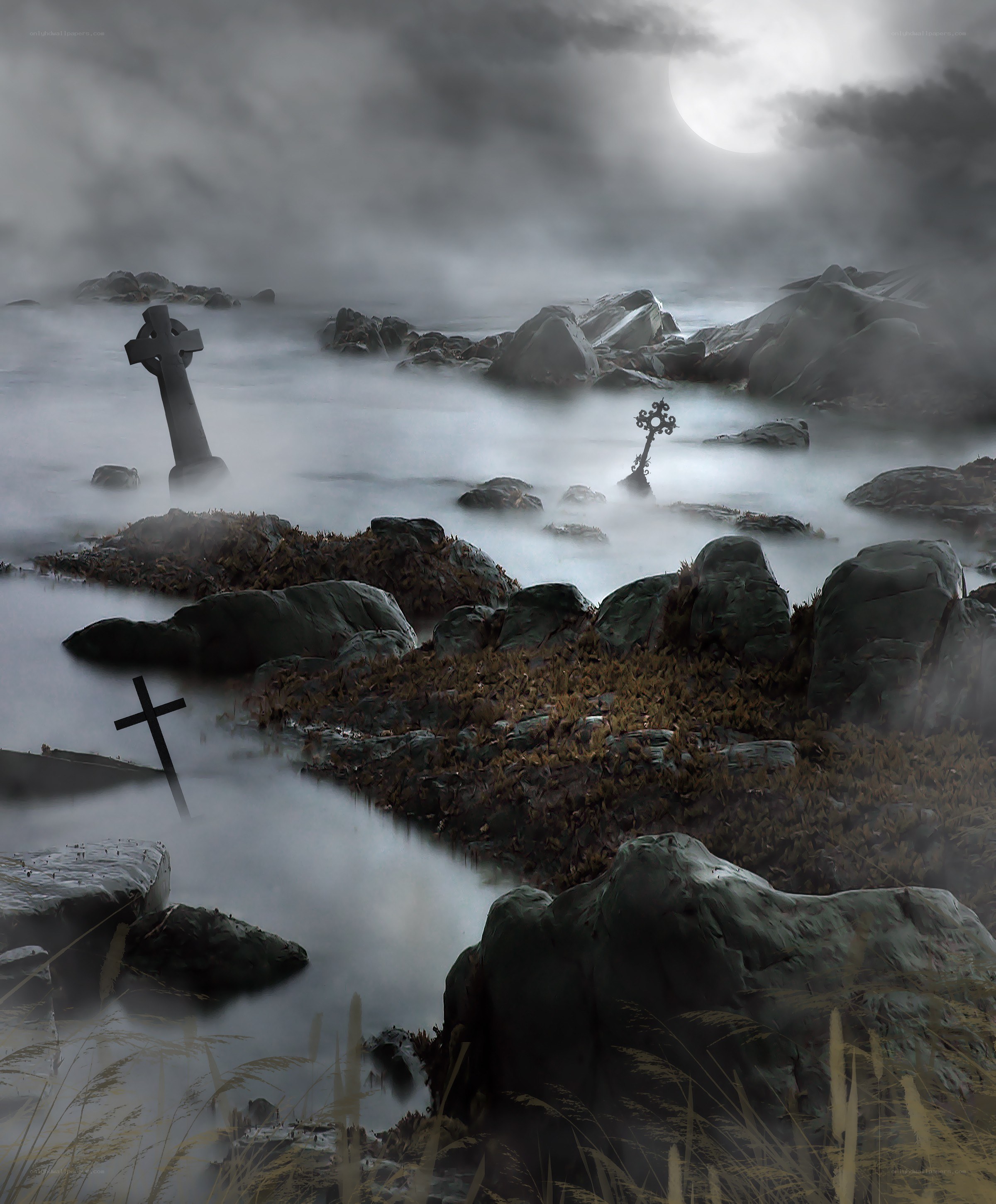 Misty coastal graveyard