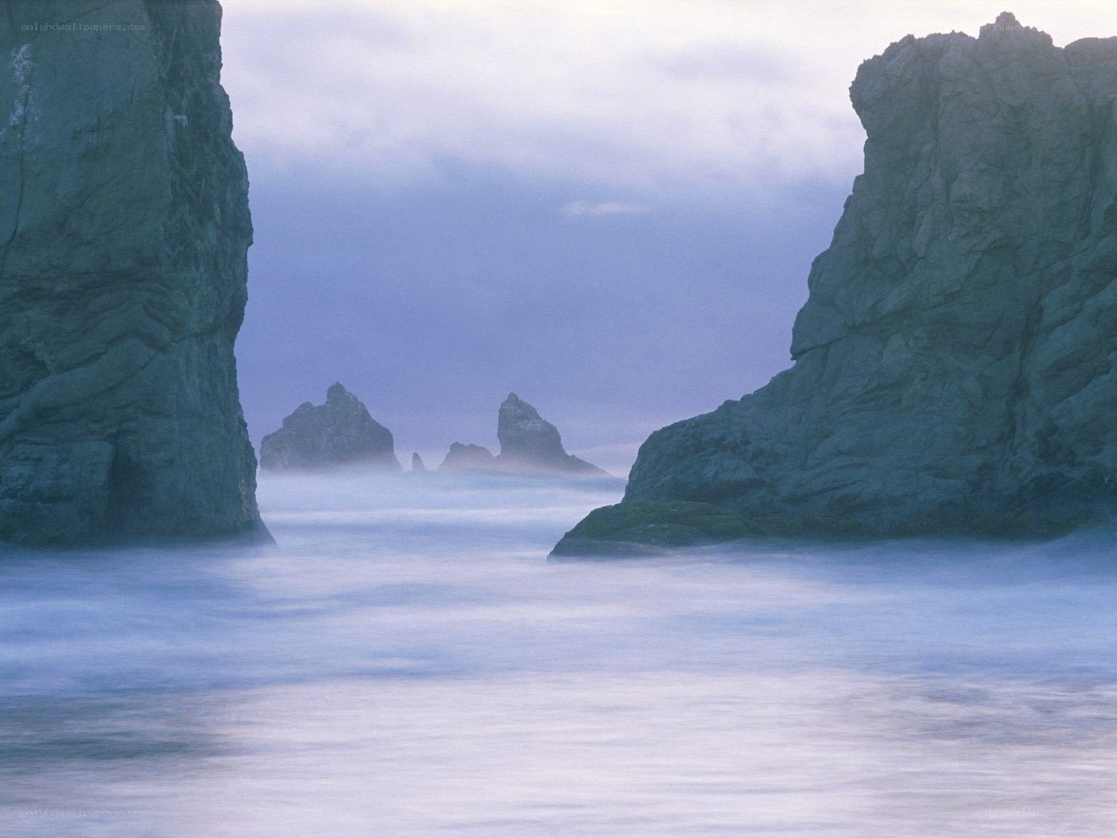 Misty coastal rock formations
