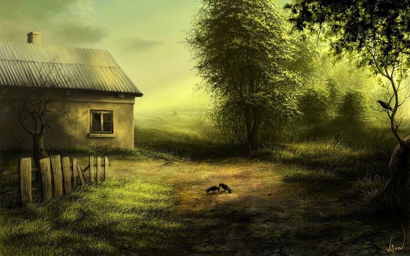 Misty cottage in a green landscape