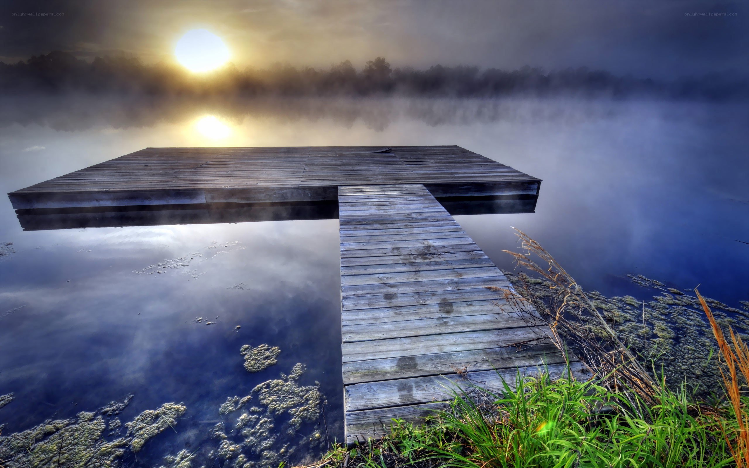 Misty dock at sunrise