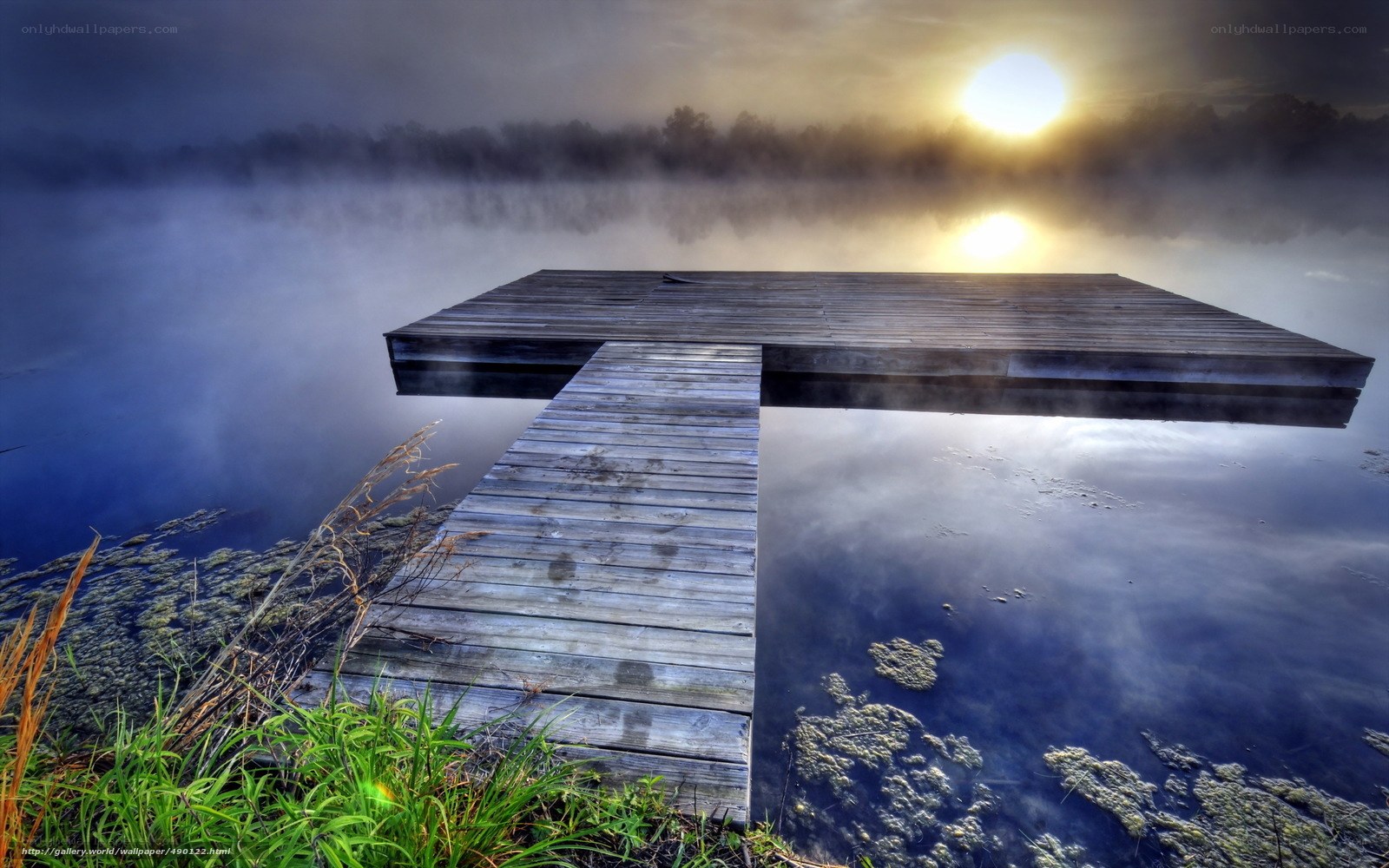 Misty dock at sunrise