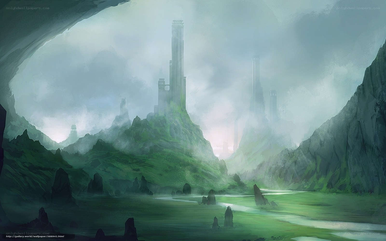 Misty fantasy landscape with towers