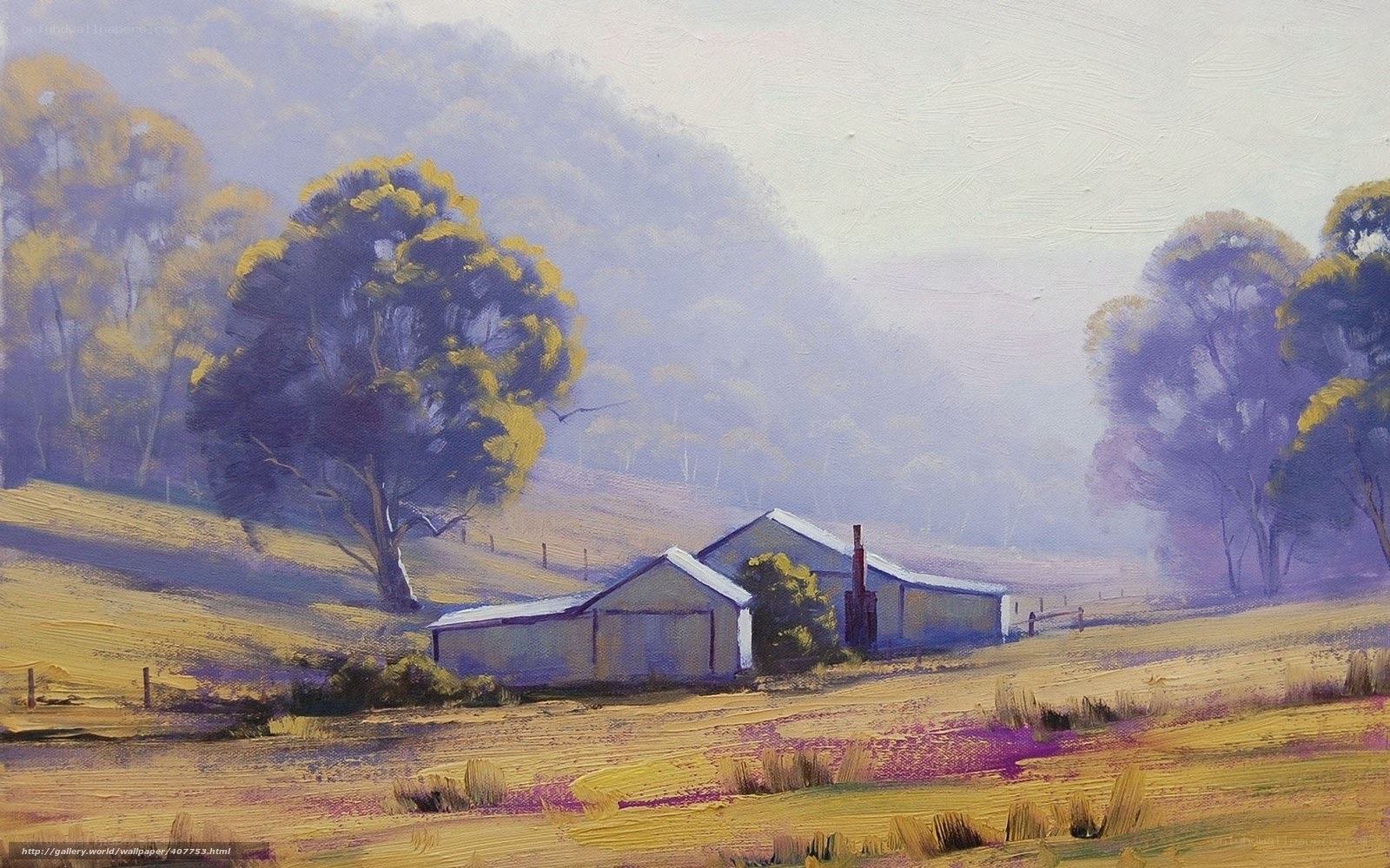 Misty Farmhouse Landscape