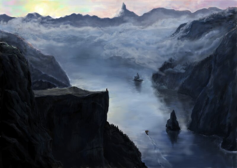 Misty fjord at dawn