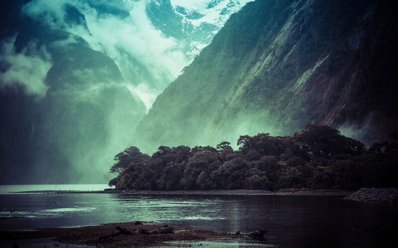 Misty fjord with forested island