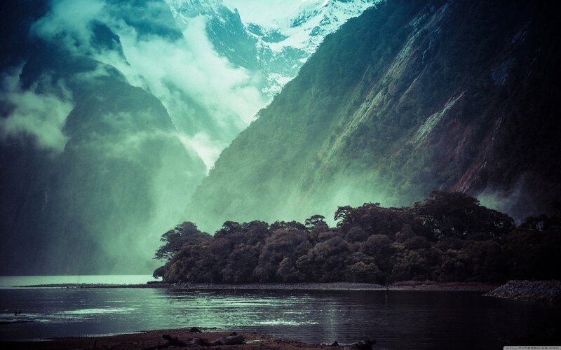 Misty fjord with forested island