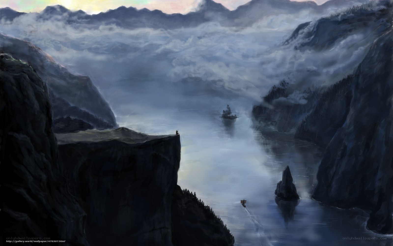 Misty fjord with lone figure