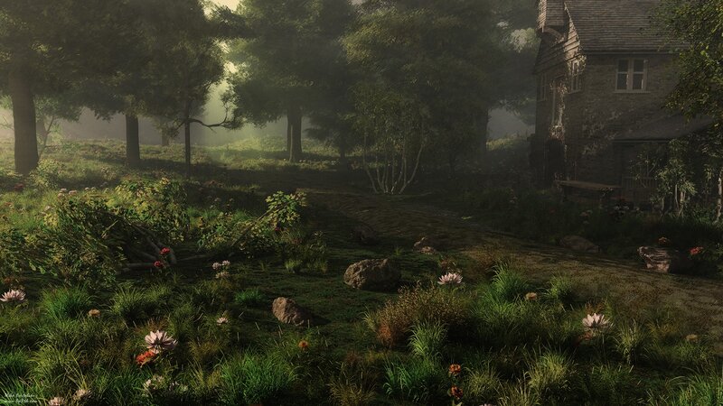 Misty forest cottage scene