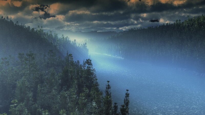 misty forest lake at dusk